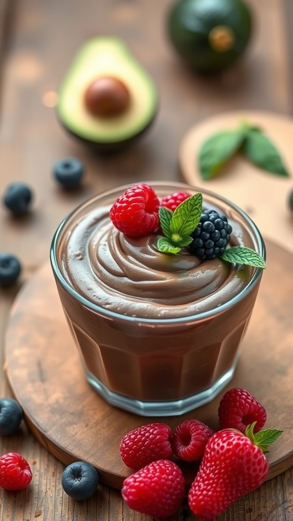 A bowl of chocolate avocado mousse garnished with fresh berries and mint leaves.