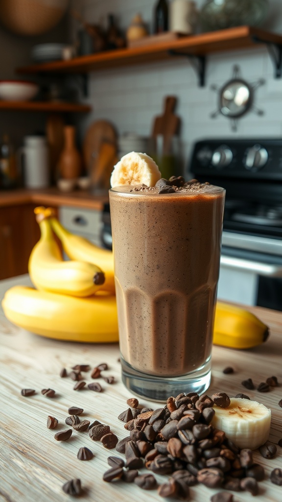 A chocolate banana smoothie in a glass, topped with banana slices and surrounded by coffee beans and bananas.