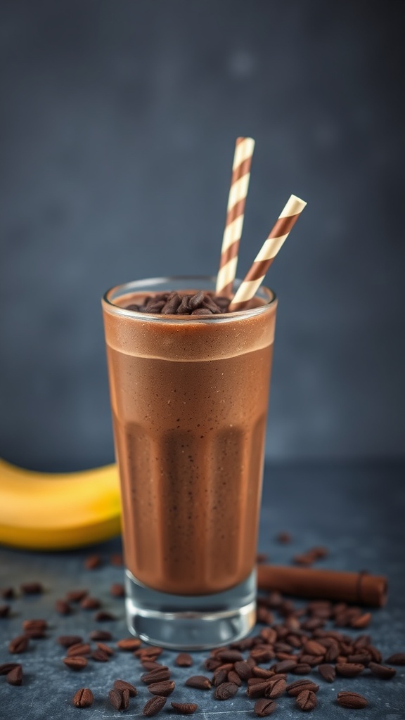 A chocolate banana fiber smoothie in a glass with two straws.