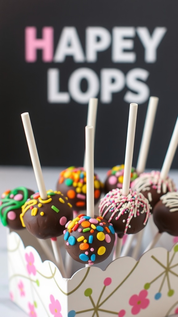 Colorful chocolate cake pops decorated with sprinkles