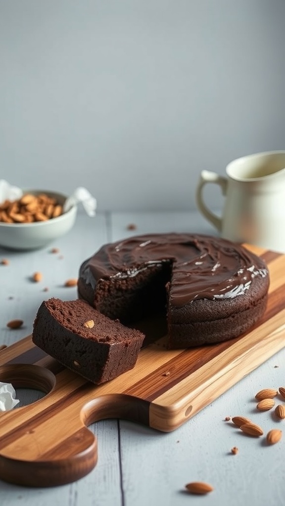 Chocolate cake on a wooden board with a slice cut out and some almonds scattered around.