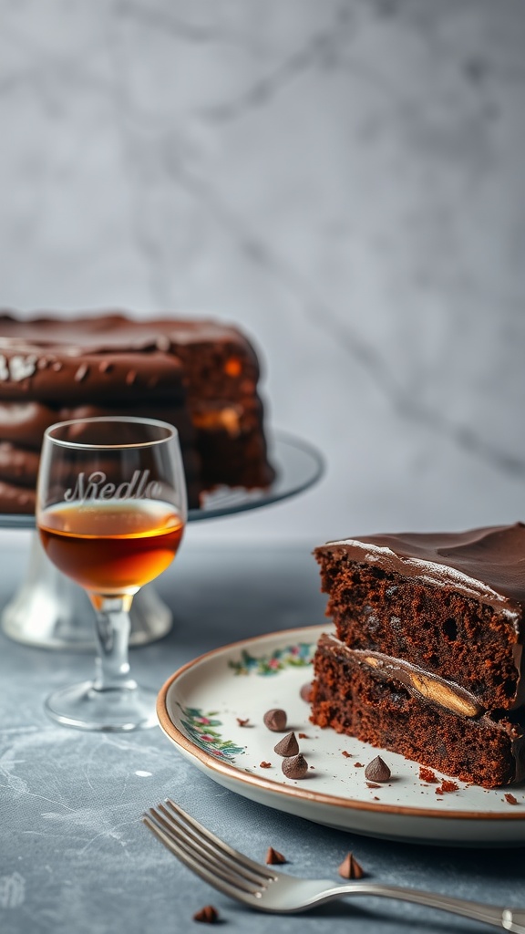 Delicious chocolate cake slice with bourbon infusion on a plate
