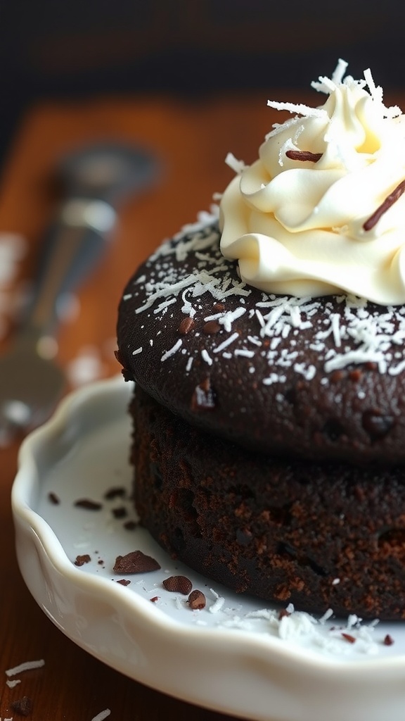 A rich chocolate cake topped with coconut cream and garnished with shredded coconut.