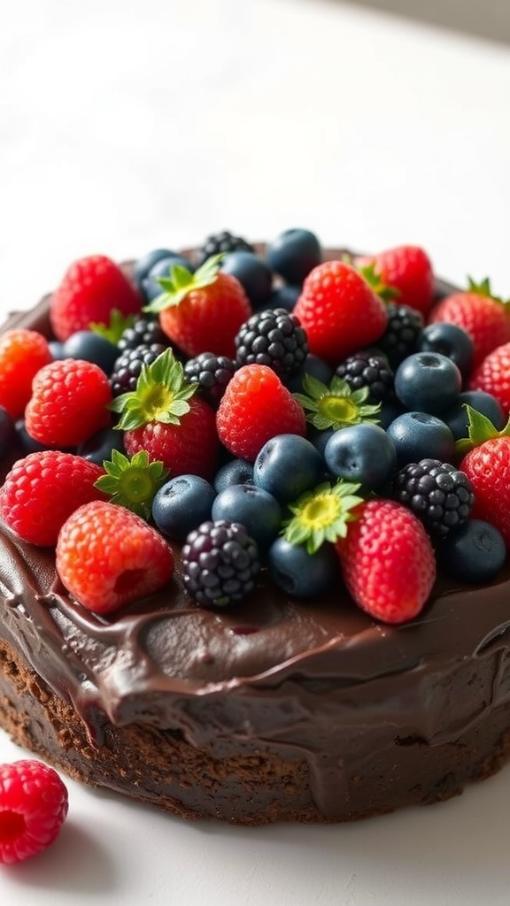 Chocolate cake topped with fresh berries.