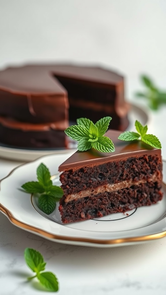 Delicious chocolate cake slice garnished with fresh mint leaves
