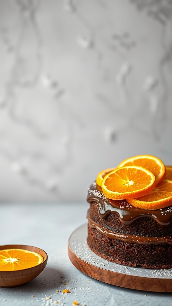 A delicious chocolate cake with orange zest and orange slices on top.