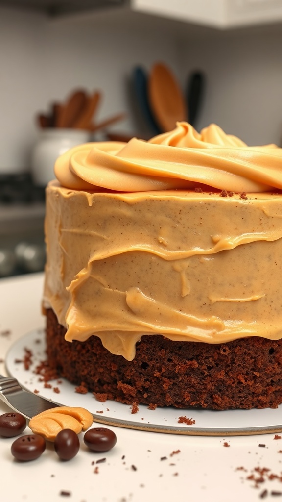A rich chocolate cake topped with creamy peanut butter frosting, presented on a white plate.