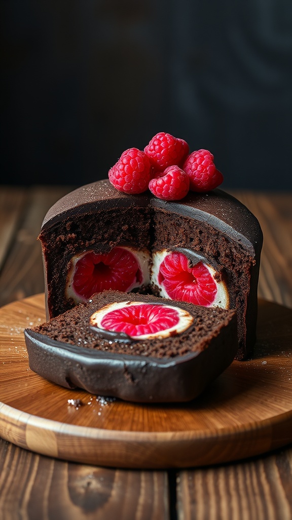 Chocolate cake with raspberry filling and topping