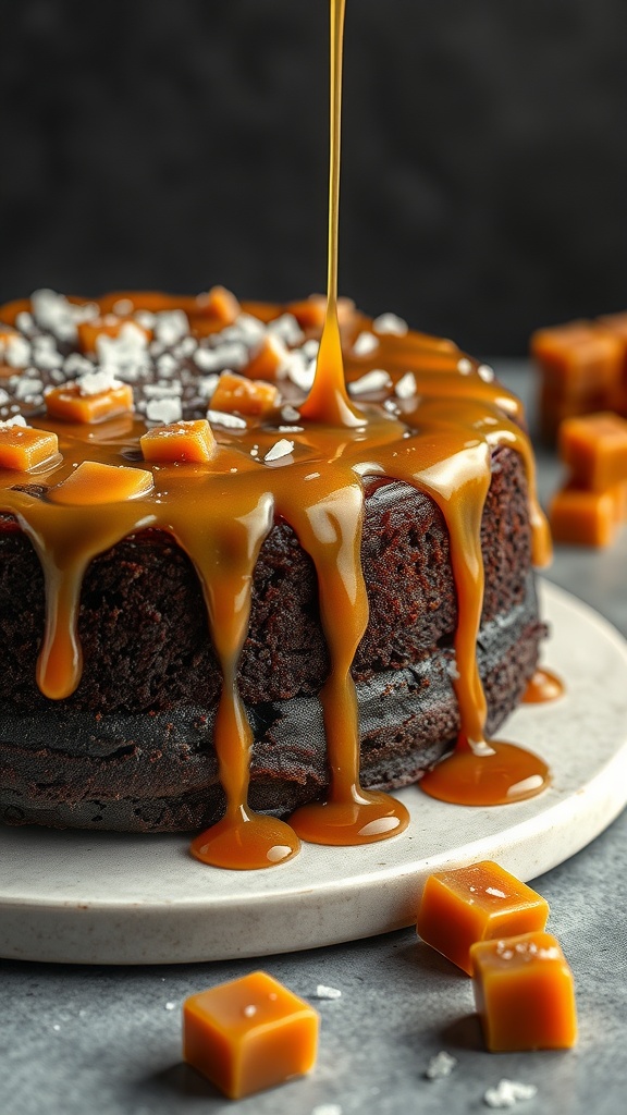 A delicious chocolate cake drizzled with sea salt caramel, showcasing a rich and inviting dessert.