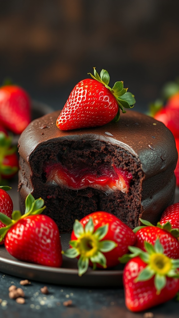 A chocolate cake with a strawberry filling, topped with fresh strawberries.