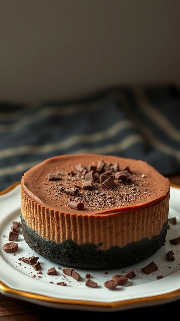 A delicious chocolate cheesecake with a chocolate cookie crust, topped with chocolate shavings.