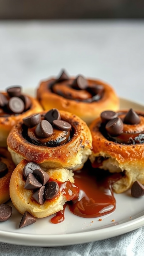 Delicious chocolate chip cinnamon rolls served on a plate
