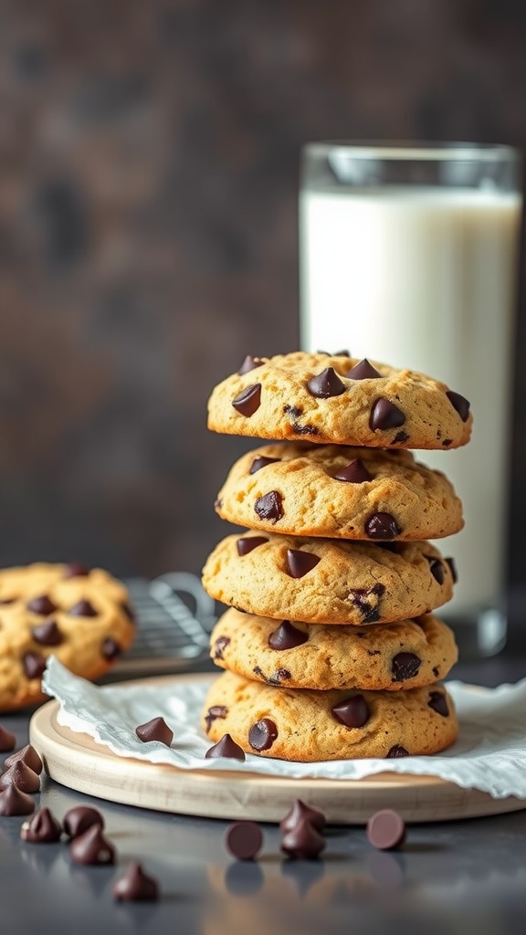 Delicious chocolate chip keto biscuits stacked on a plate.