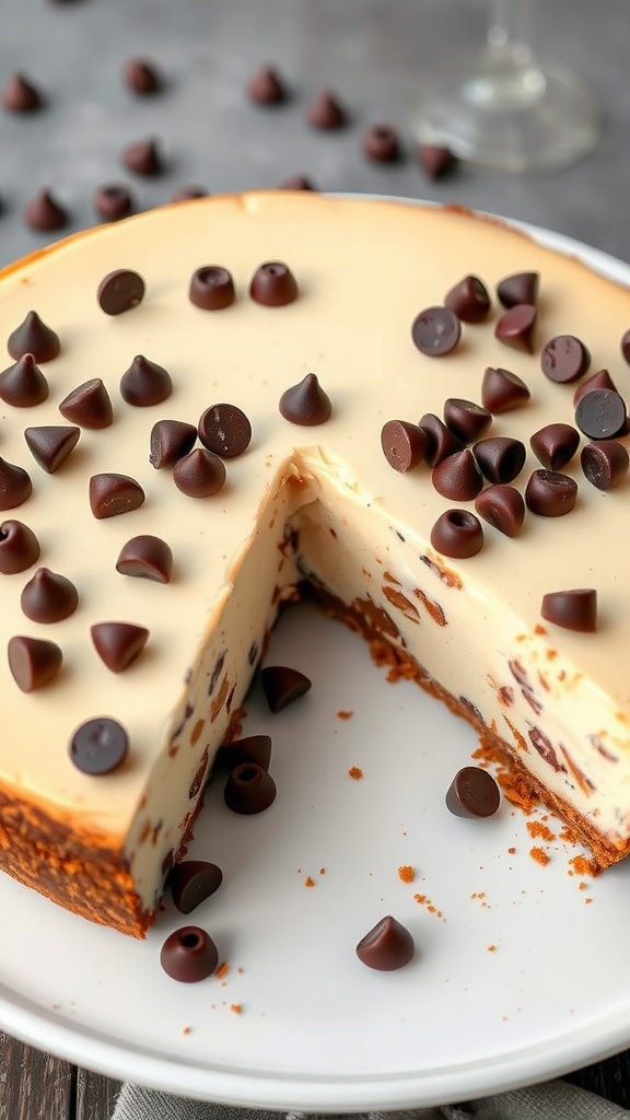 A slice of chocolate chip keto cheesecake showing its creamy texture and chocolate chips on top.