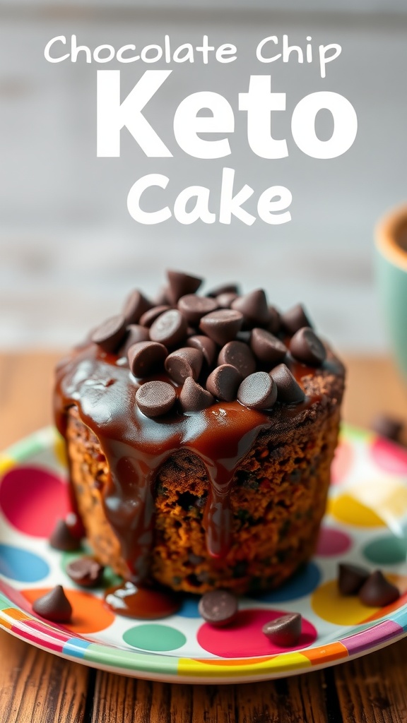 Chocolate chip keto mug cake topped with chocolate chips and sauce on a colorful plate.