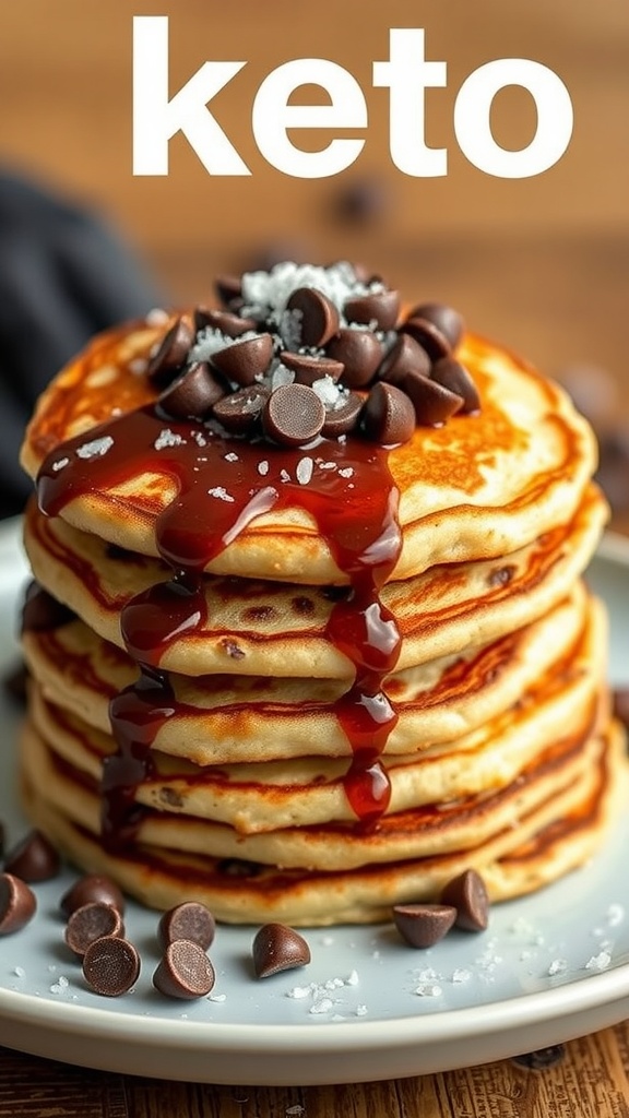 A stack of keto pancakes topped with chocolate chips and syrup.