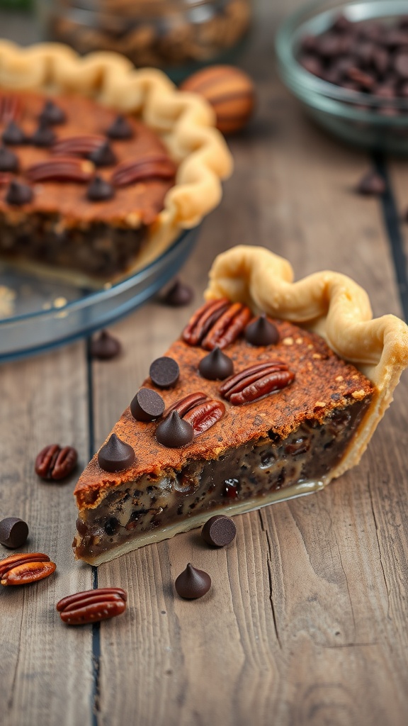 A slice of chocolate chip pecan pie with pecans and chocolate chips on top, displayed on a wooden table.