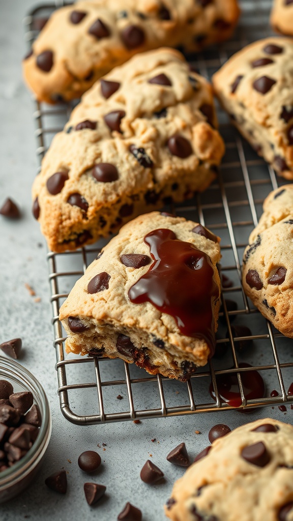 Chocolate chip scones on a cooling rack with a drizzle of chocolate sauce