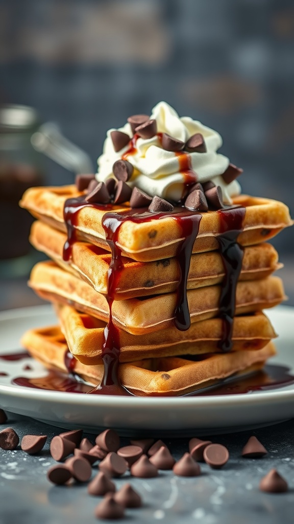 A stack of chocolate chip waffles topped with whipped cream and chocolate sauce.