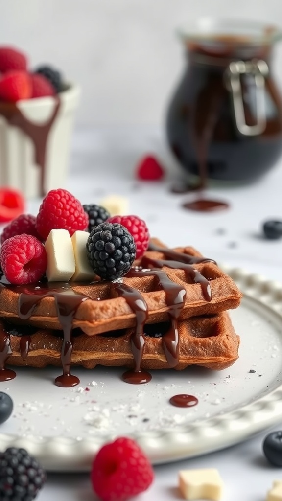 Delicious chocolate cocoa chaffles topped with berries and chocolate sauce.