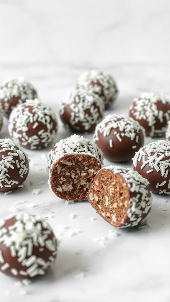 Delicious chocolate coconut energy balls coated with shredded coconut.