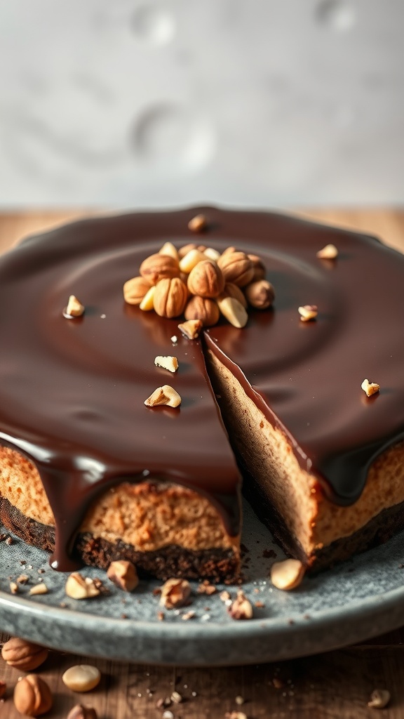 Chocolate Hazelnut Keto Cheesecake with a smooth ganache topping and garnished with hazelnuts.