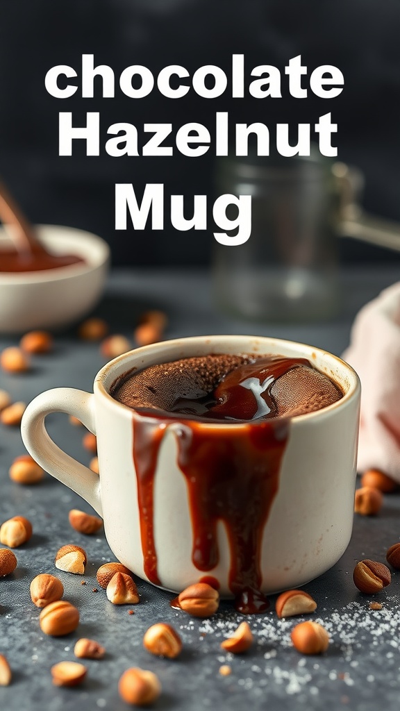 A mug filled with chocolate hazelnut cake with chocolate dripping down the sides, surrounded by hazelnuts.