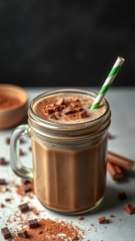 A delicious Chocolate Maca Protein Smoothie served in a mason jar with a green striped straw.