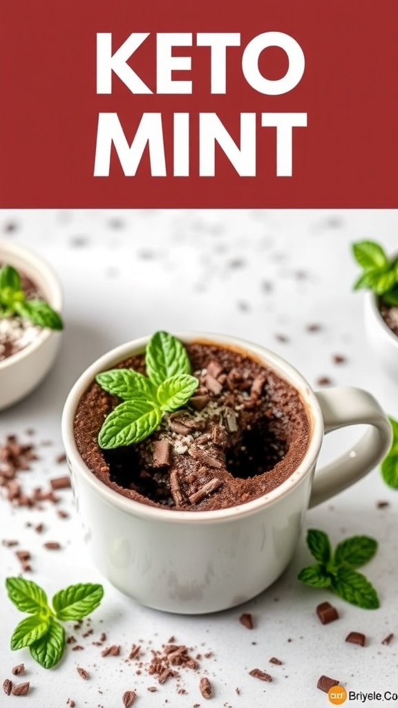 A delicious keto chocolate mint mug cake topped with mint leaves and chocolate shavings.