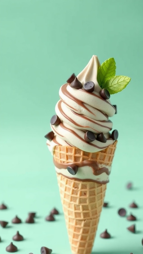Keto Chocolate Mint Swirl Ice Cream in a cone topped with chocolate chips and mint leaves