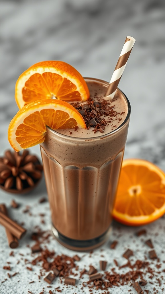 Chocolate Orange Delight Smoothie with orange slices and chocolate shavings