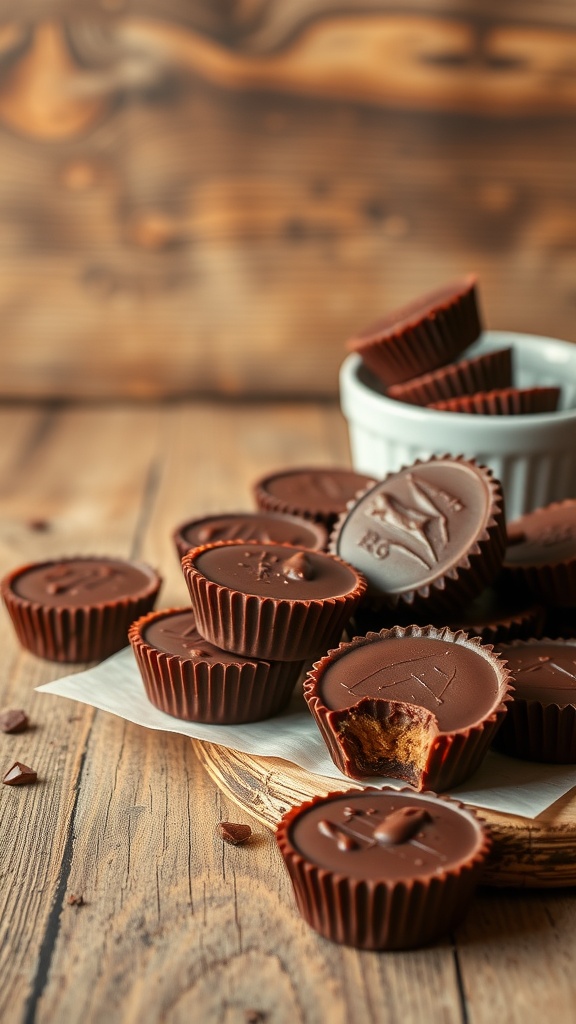 Delicious chocolate peanut butter cups arranged on a wooden surface.