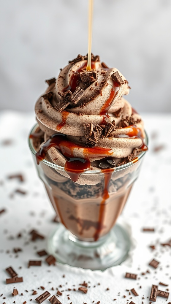 A delicious serving of chocolate snow ice cream topped with chocolate shavings and syrup.