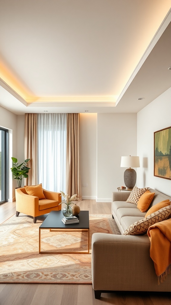A cozy and stylish condo interior with a warm color palette, featuring a comfortable sofa, an accent chair, and a coffee table.