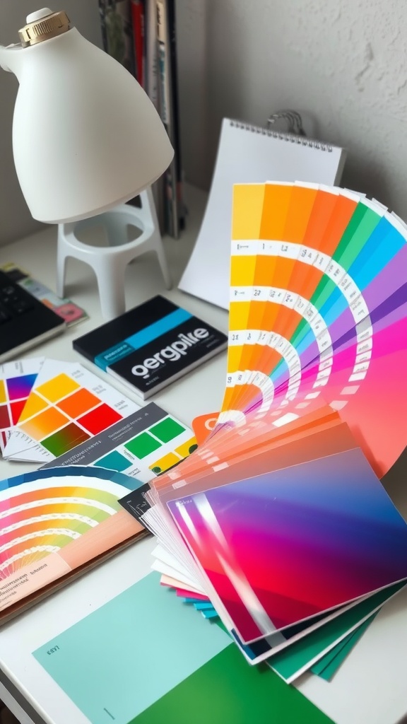 A variety of color swatches and paint samples on a desk for moodboard interior design.