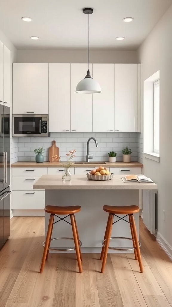 A small kitchen with a compact island and wooden stools.