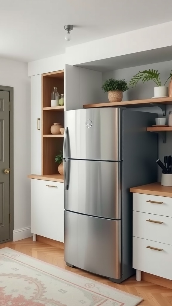 A compact refrigerator in a small kitchen with wooden shelves and plants.