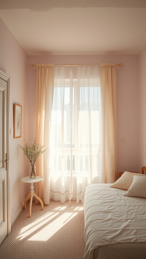 A small bedroom with pale pink walls, sheer curtains, and soft natural light.