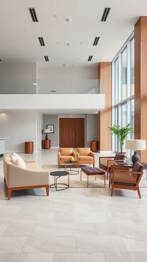 Modern lobby with stylish furniture, large windows, and a bright atmosphere