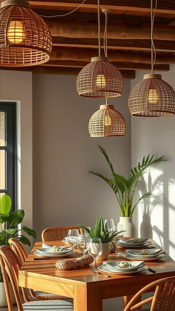 A cozy dining area with rattan lighting fixtures and tropical decor.
