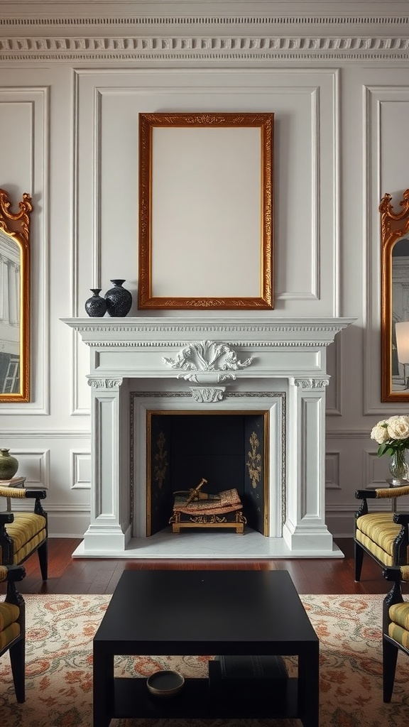 A neoclassical interior featuring a fireplace with a decorative mantle, framed by elegant mirrors and stylish seating.