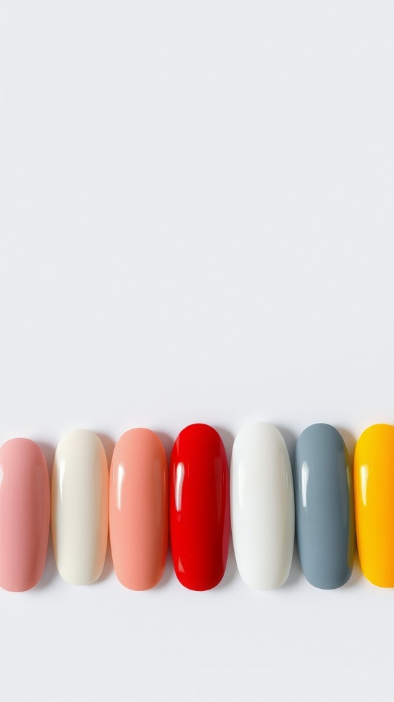 A variety of oval-shaped nails displayed in different colors.