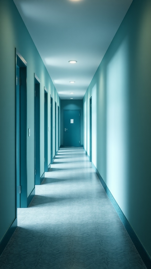 Interior of a hall with teal walls and doors