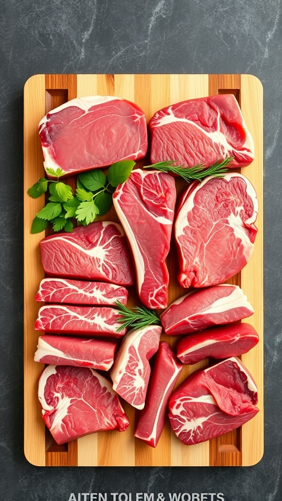 A variety of beef cuts on a wooden cutting board, ideal for lomo saltado.