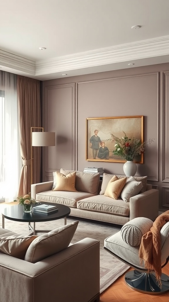 A modern classic interior living room with elegant fabrics and soft colors.