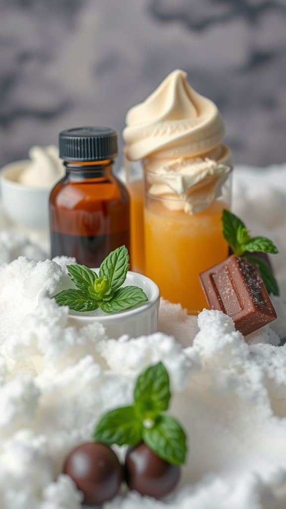 A collection of flavorings and toppings to enhance snow ice cream, with fresh mint leaves and chocolate