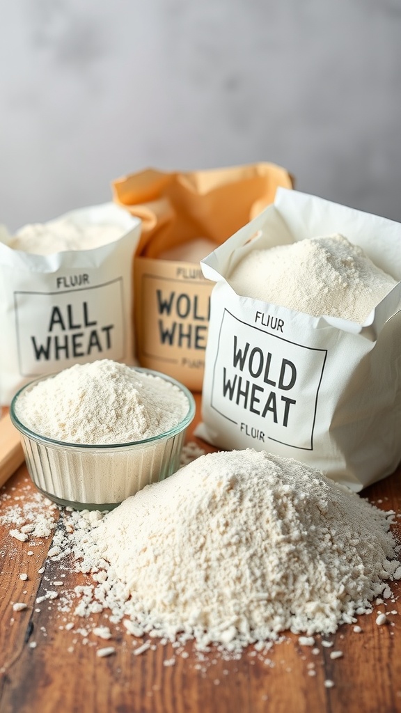Various types of flour in bags and bowls on a wooden surface.