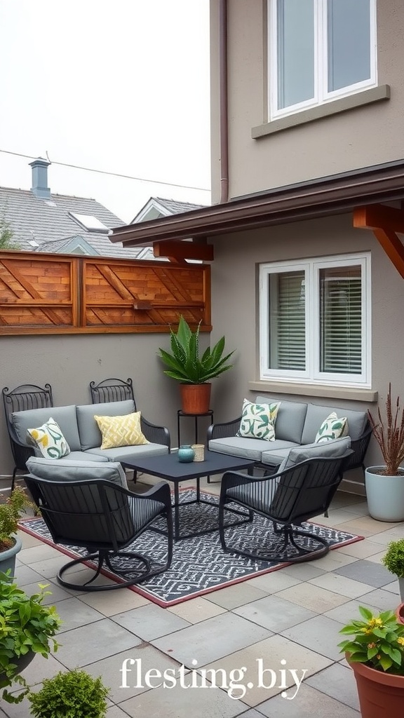 A small patio featuring comfortable seating and decorative plants.