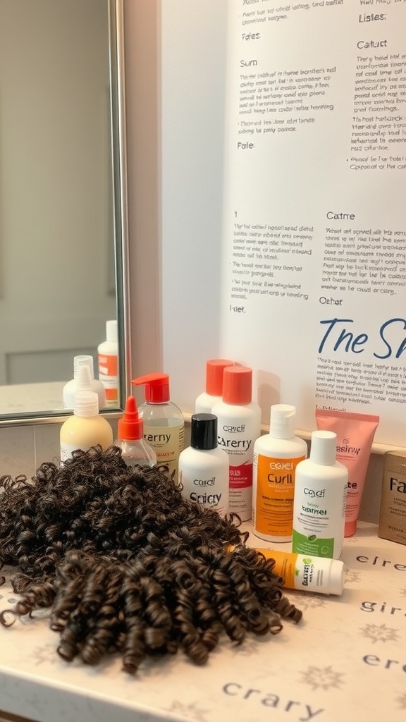 Variety of hair products for curls displayed on a bathroom countertop with curly hair extensions.