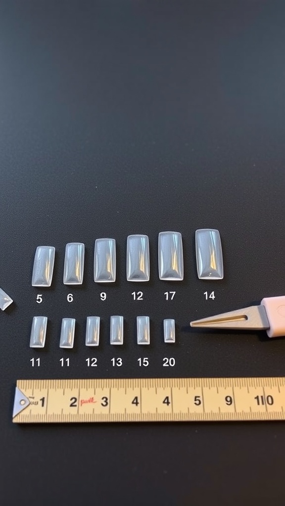 Various sizes of square acrylic nails arranged on a black surface with a ruler for reference.